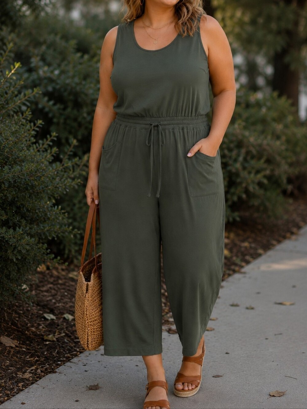Lane Bryant Plus Olive Green Sleeveless Drawstring Cropped Wide Leg Jumpsuit